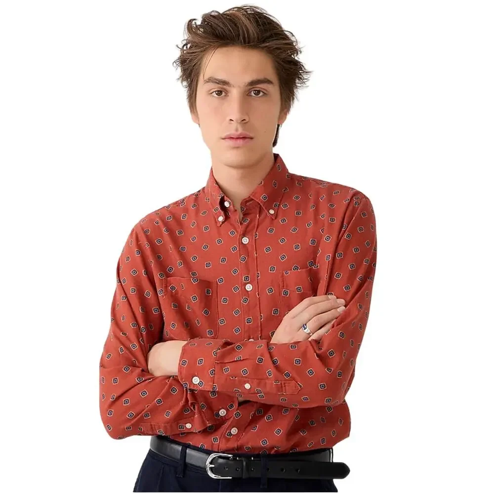 NWT J. Crew Men's Square Flower Red/Rust Blue Cotton-Wool Challis Shirt